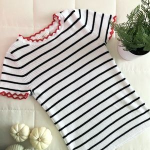 Pink Rose Stripped Ribbed Short Sleeve Top